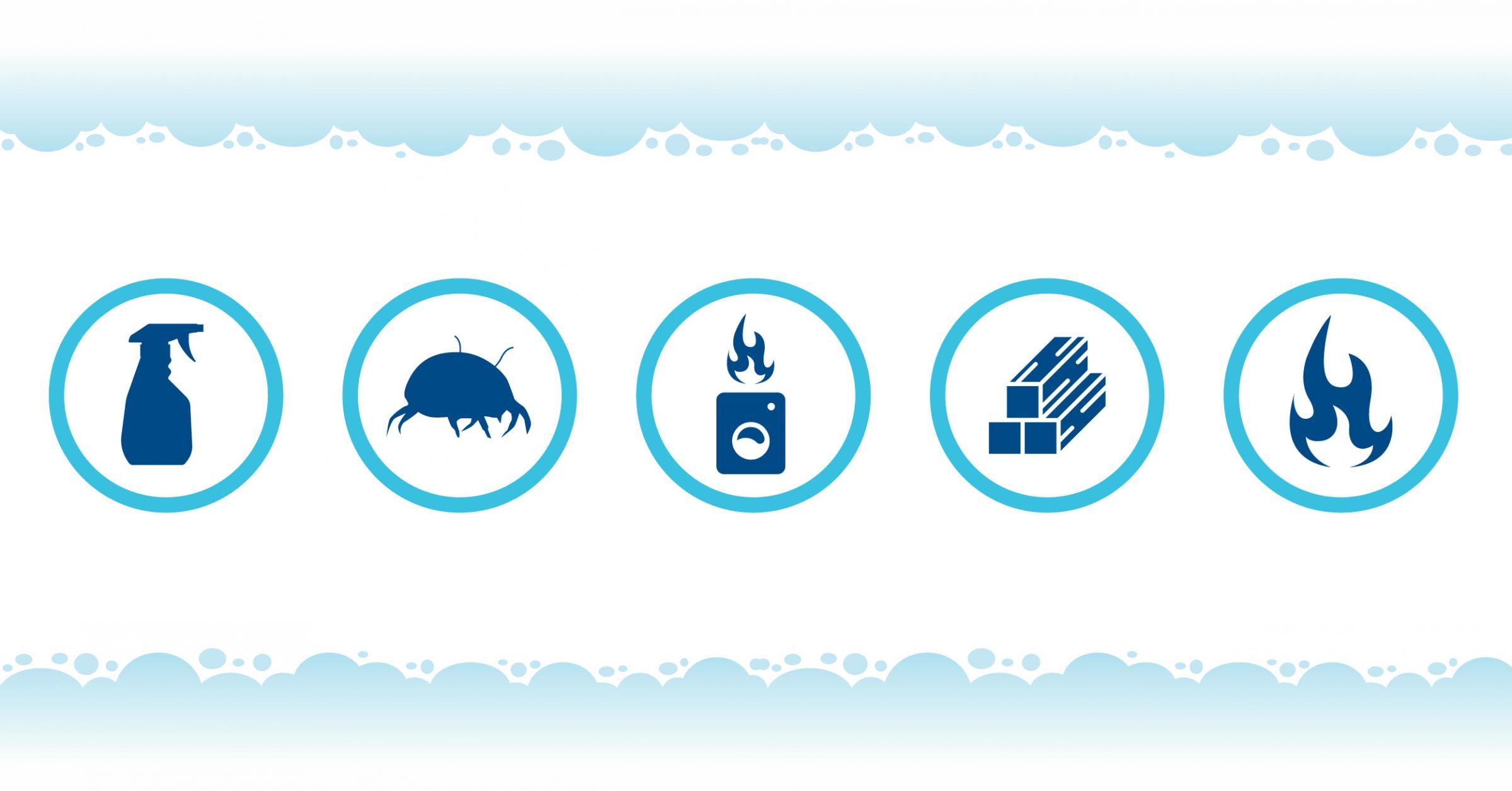 Emblems of the 5 most common sources of indoor air pollution